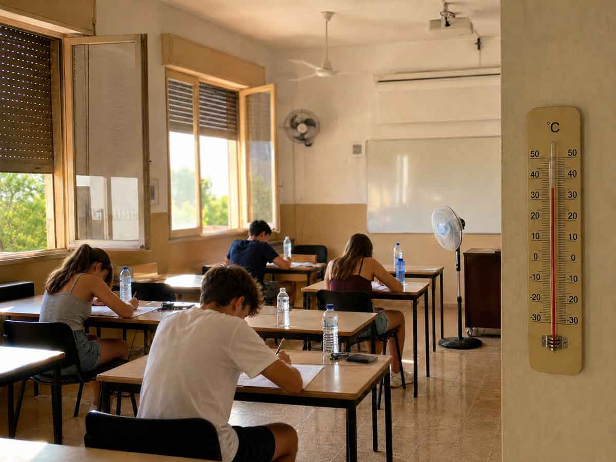 Estudiantes adolescentes realizan un examen en un aula con ventiladores y alta temperatura