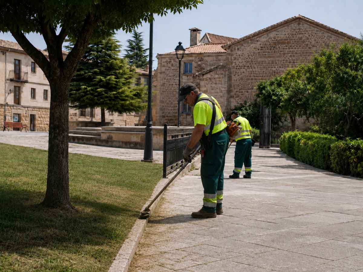 Dos trabajadores municipales realizan labores de desbroce y limpieza en una plaza