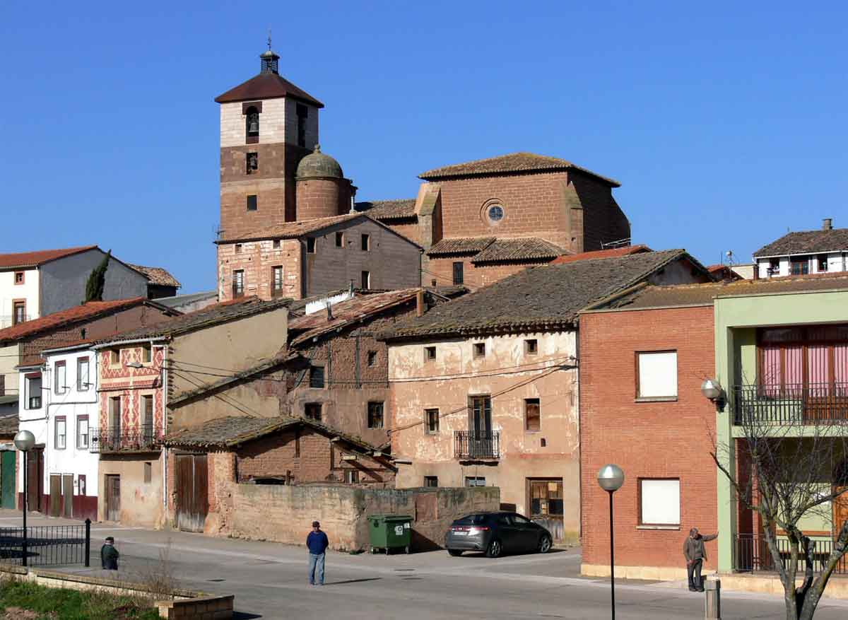 Vista del casco urbano de Cañas con viviendas tradicionales y el conjunto monumental del monasterio al fondo.