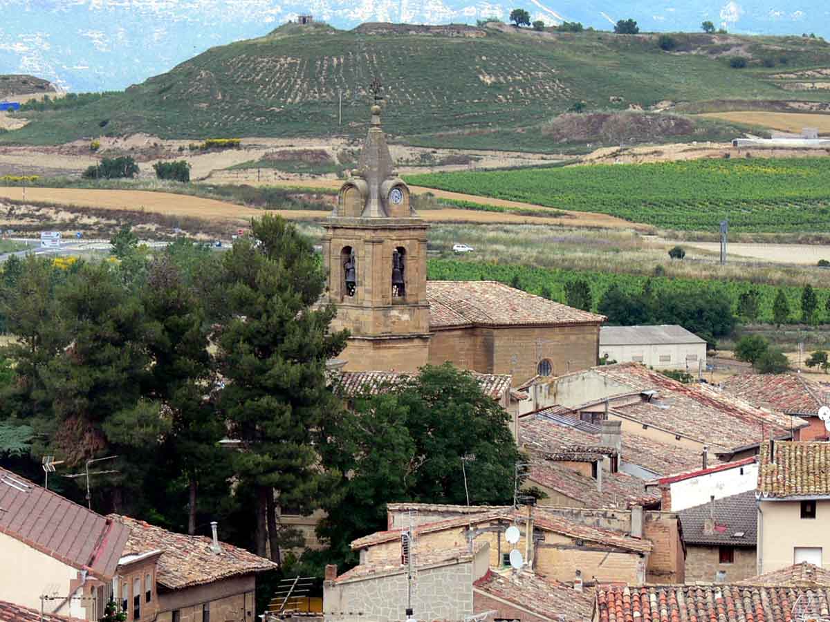 Vista de Ollauri con la iglesia de San Salvador y los viñedos de Rioja Alta al fondo