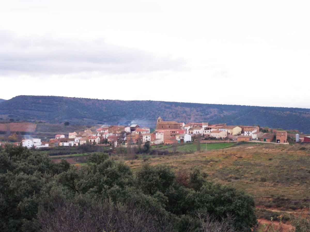 Vista panorámica del municipio de Sojuela en La Rioja, mostrando el casco urbano con su iglesia rodeado de campos y colinas bajo un cielo nublado.
