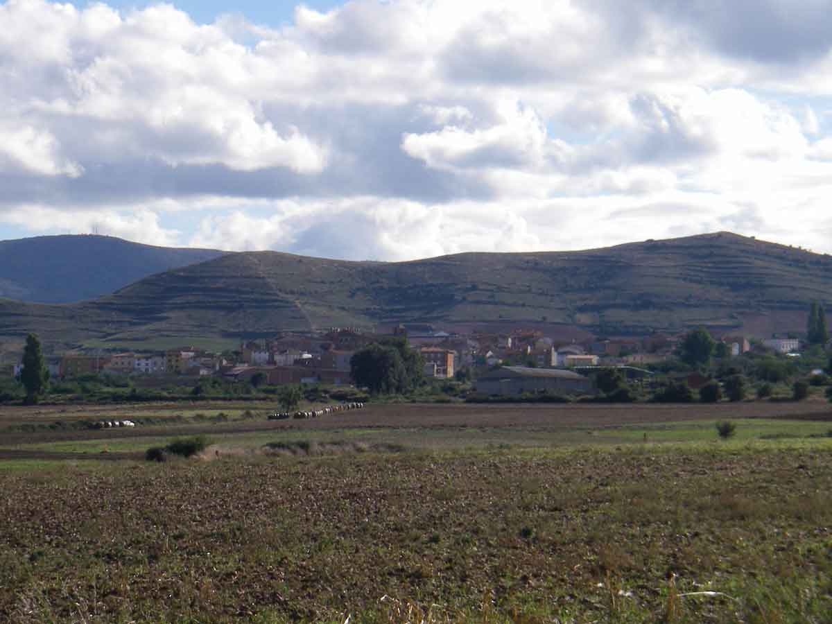 Vista de Sorzano entre campos de cultivo y paisaje del entorno de Moncalvillo